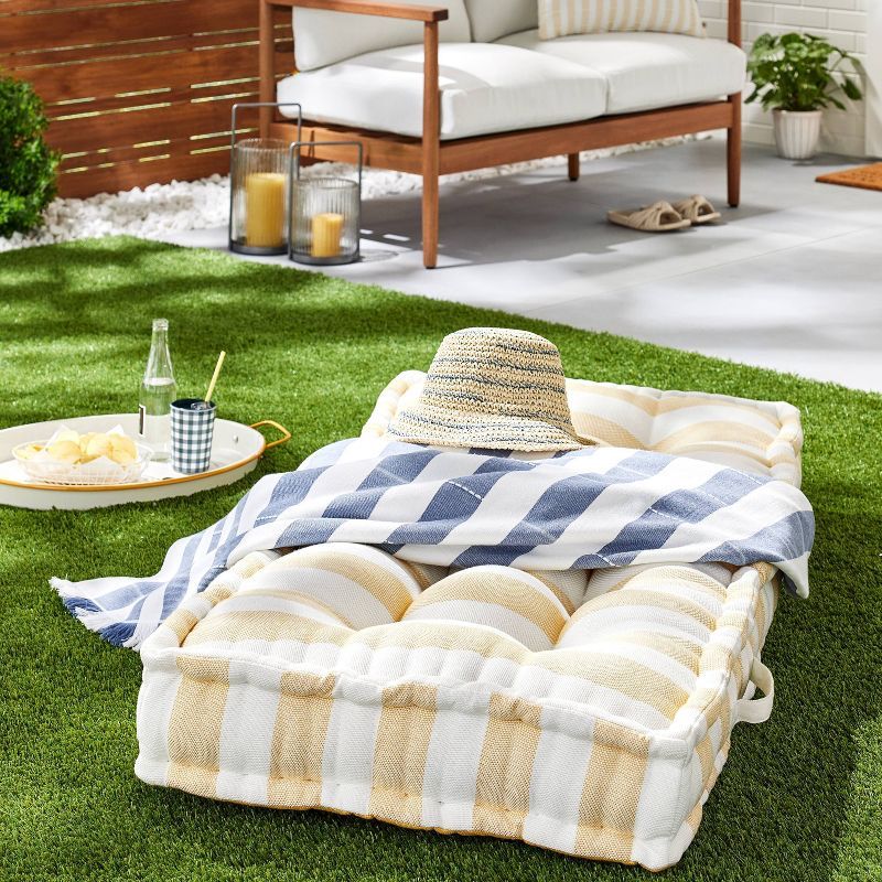 Bold Stripe Indoor/Outdoor French Floor Cushion Gold/Cream - Hearth & Hand™ with Magnolia | Target
