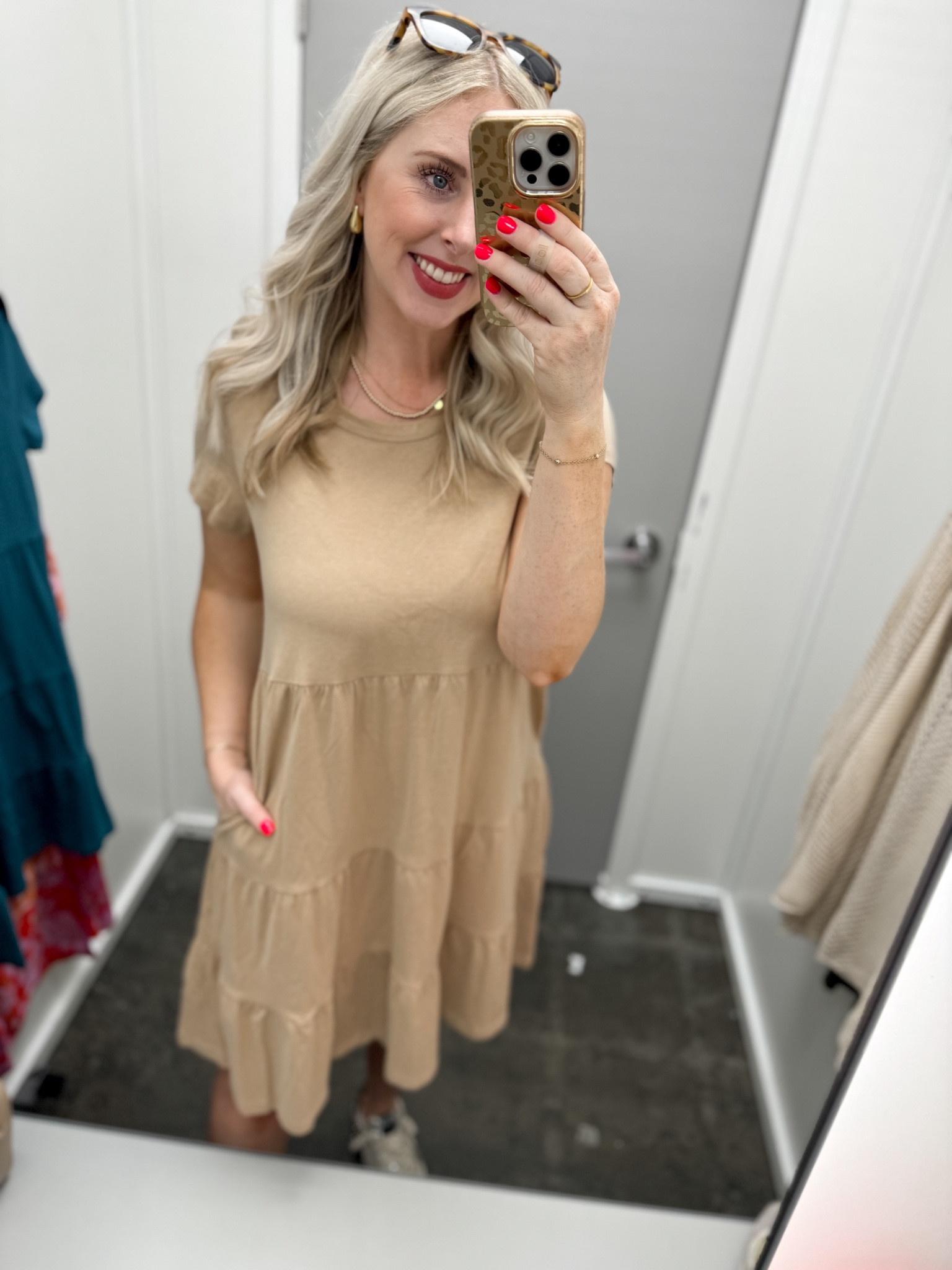 Walmart try on, tiered tshirt dress in tan 

Medium 

#LTKstyletip #LTKfindsunder50