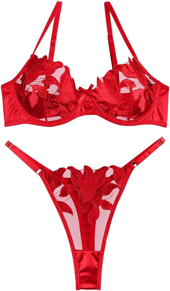 Lilosy Sexy Satin Mesh Floral Sheer Embroidered Underwire Lingerie Set 2 Piece Women | Amazon (US)