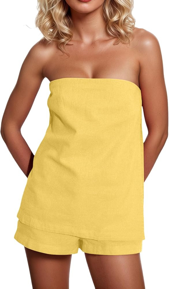 MISSACTIVER Women\u2019s 2 Piece Lounge Set Linen Strapless Tube Top Backless Side Slit Button Ca... | Amazon (US)