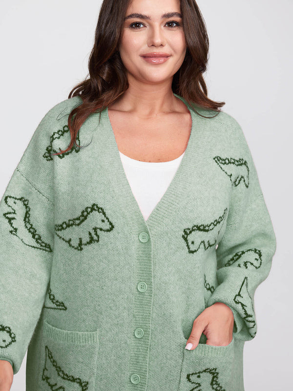 Jacquard Dinosaur Print Knit Cardigan | Bloomchic