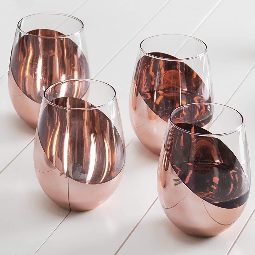MyGift Modern Copper Accent Stemless Wine Glass Set, Red Wine Glasses Set of 4 | Amazon (US)