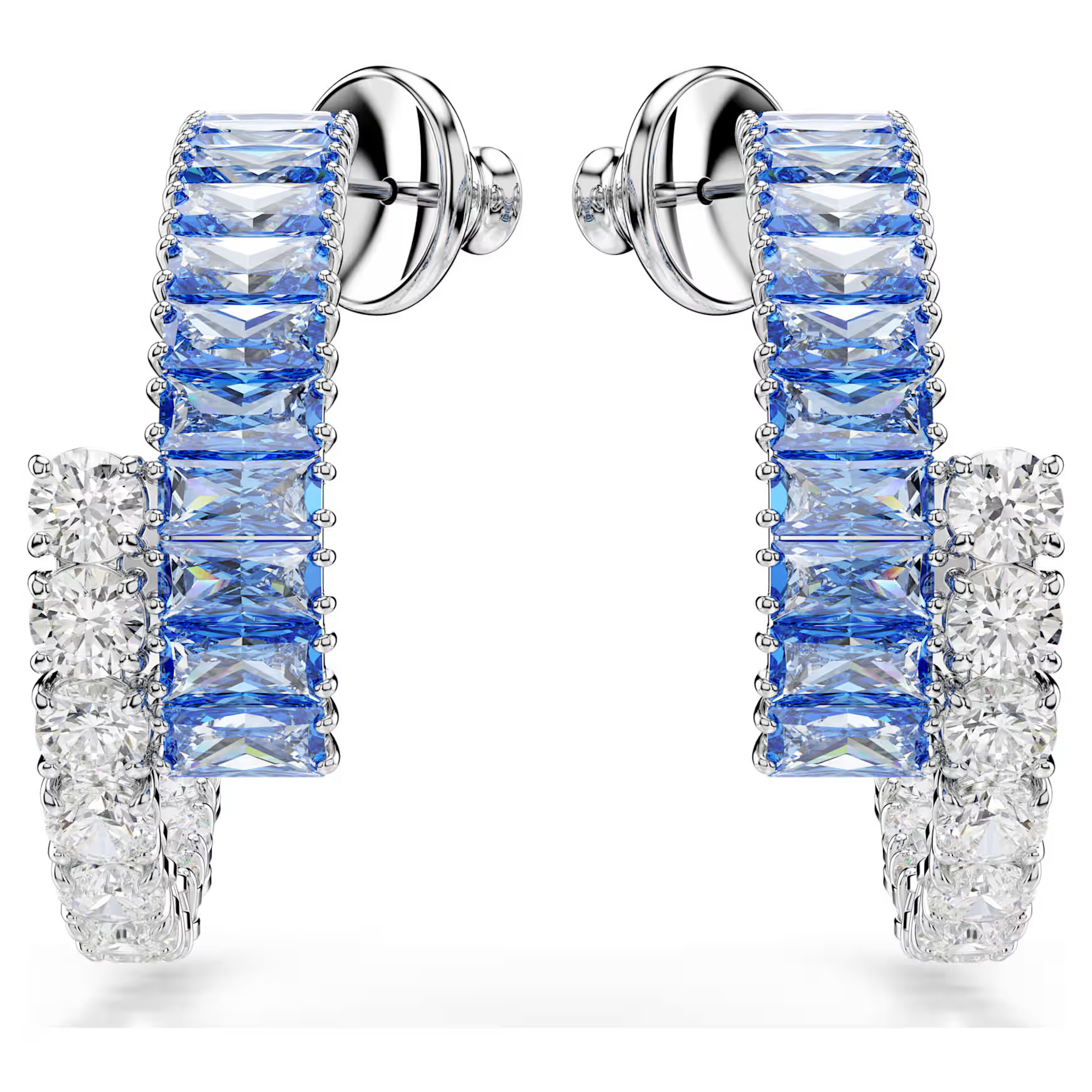 Matrix hoop earrings, Mixed cuts, Blue, Rhodium plated by SWAROVSKI | SWAROVSKI