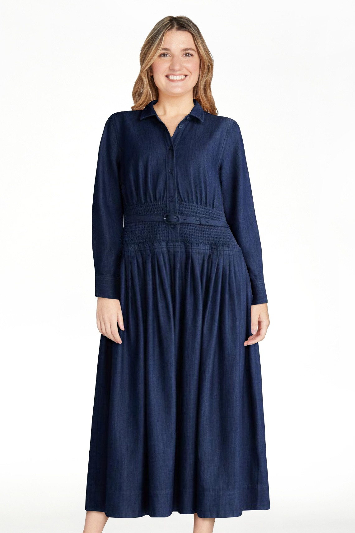 Free Assembly Women's Belted Smocked Waist Denim Midi Shirtdress, Sizes XS-XXL | Walmart (US)