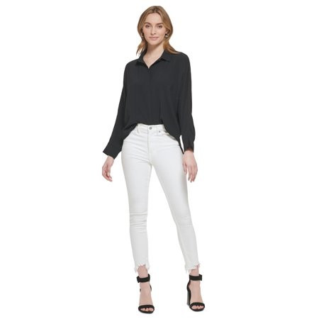 Women s Long Sleeve V-Neck Collared Shirt Black S | Walmart (US)