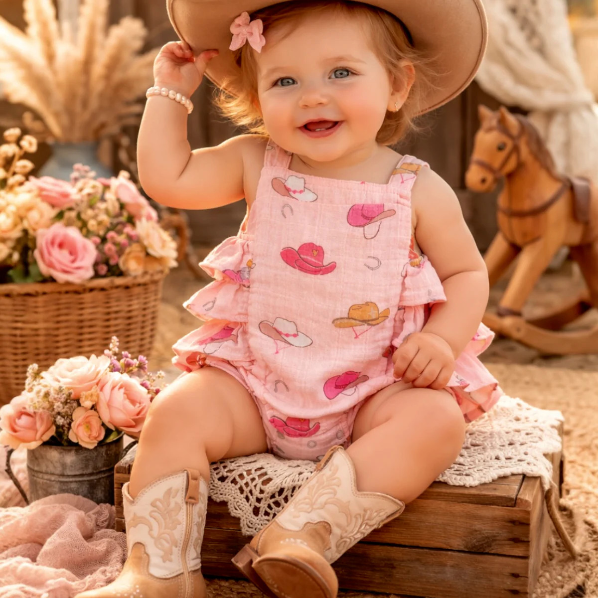 Western Pink / Muslin Ruffle Sunsuit | SpearmintLOVE