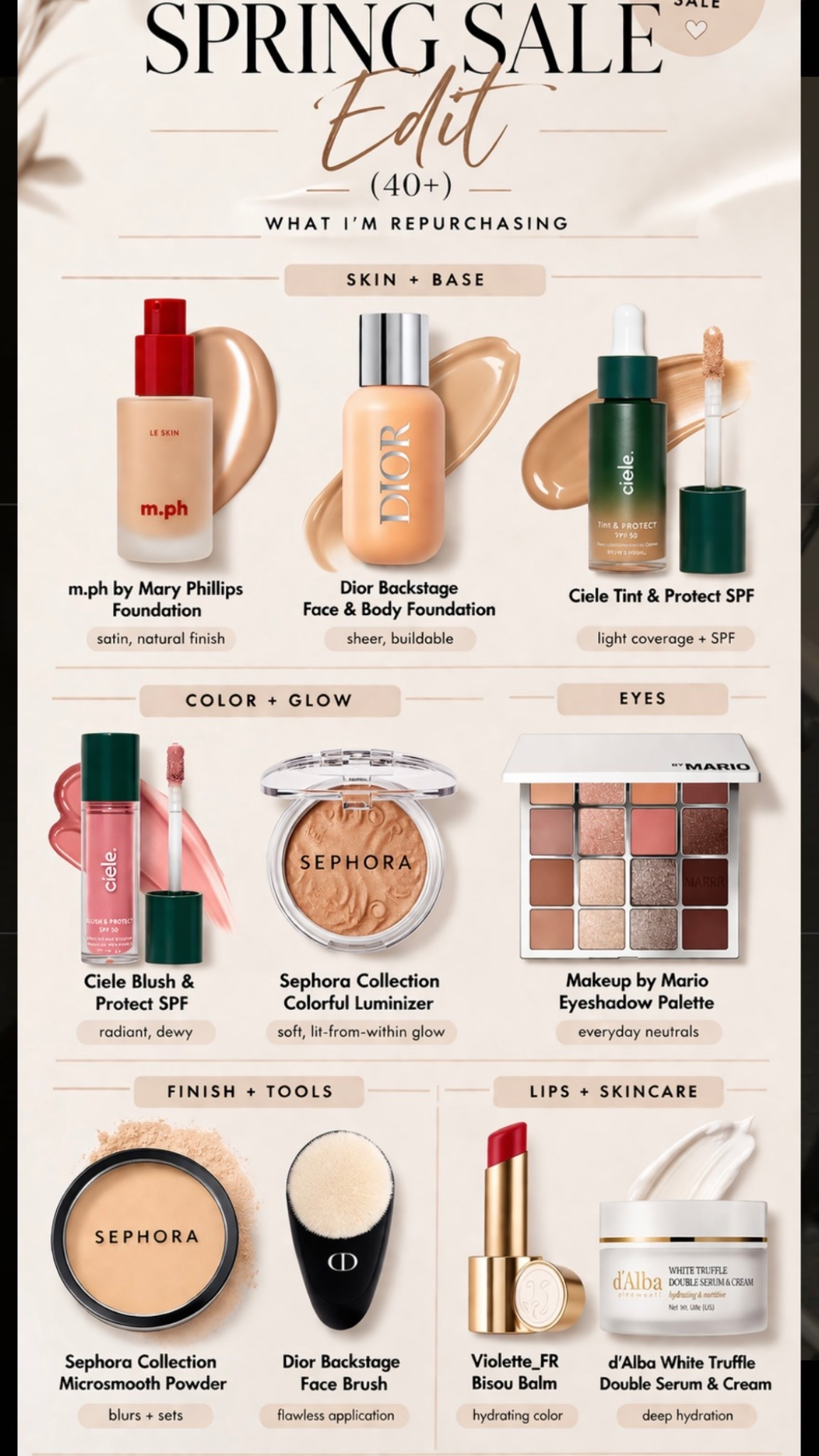 If I had to restock my entire makeup bag during the Sephora sale… this is exactly what I’d buy.

Nothing trendy. Nothing overhyped.
Just products that actually work on real skin… especially over 40.

Think:
• skin that looks like skin
• hydration without heaviness
• glow without texture

These are my go-to staples I reach for daily… and the ones I’d repurchase without thinking.

If you want links + shades I use, comment SALE and I’ll send everything over 🤍

⸻

KEYWORDS (for IG search):
sephora sale | makeup over 40 | mature skin makeup | sephora recommendations | natural makeup | glowing skin | beauty over 40 | everyday makeup


#LTKOver40 #LTKSaleAlert #LTKBeauty