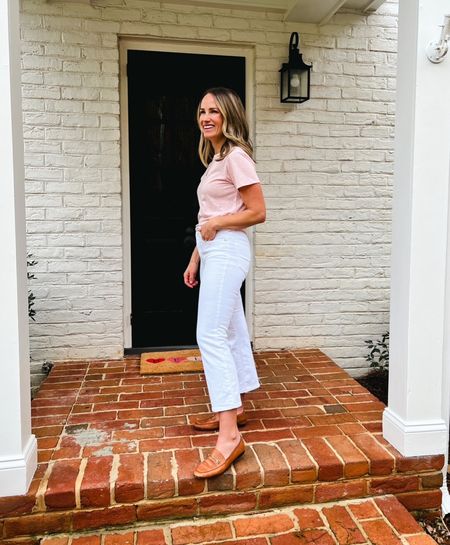 White kick flare jeans from Madewell (these are old, linking new version) that run TTS. Sam Edelman Loraine Bit Loafers (my all time favorites) and a simple pink tee (also old, linking similar). 

#LTKSeasonal #LTKstyletip #LTKunder100