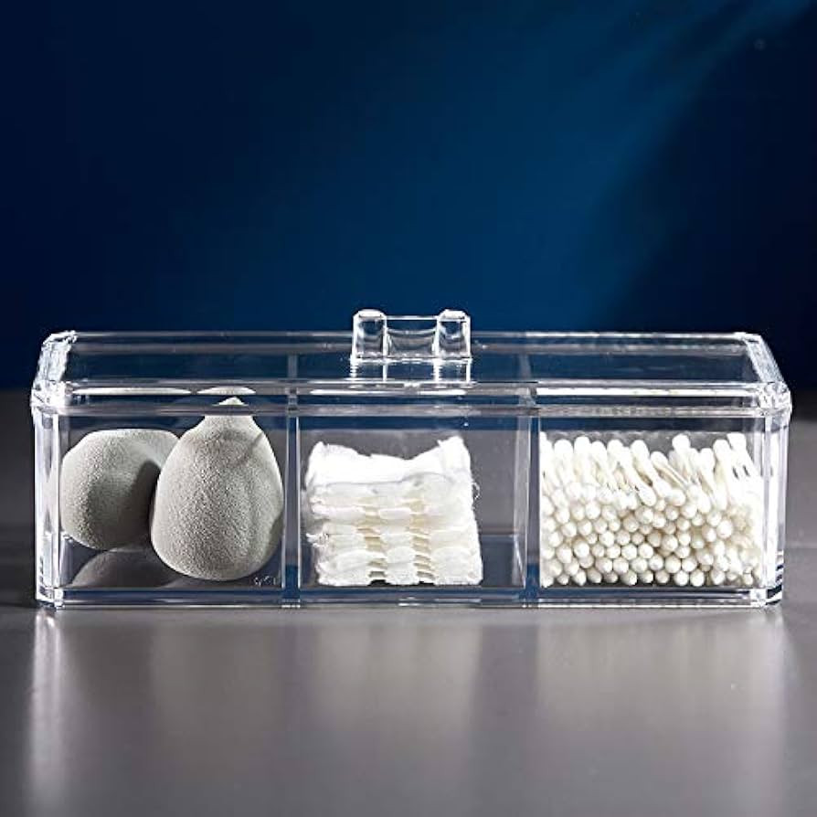 AKOLAFE Acrylic Cotton Ball and Swab Holder with Lid, Clear Organizer 3 Section Drawer Tray and S... | Amazon (US)