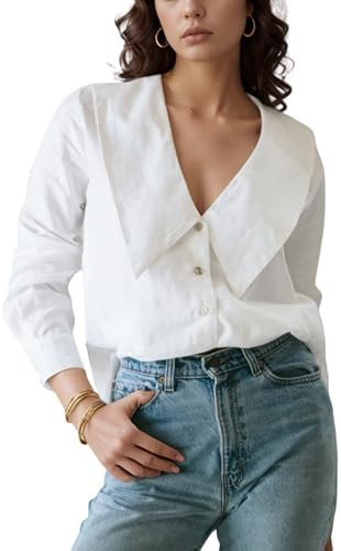 Daacee Women’s Big Collar Cotton Linen Blouses Dressy Casual Long Sleeve V Neck Button Down Shi... | Amazon (US)