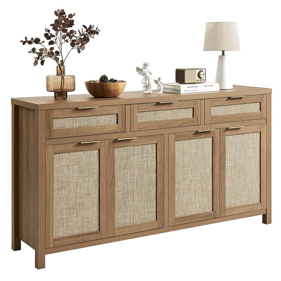 Rattan Sideboard Buffet Cabinet, Boho Storage Cabinet with Adjustable Shelves, Farmhouse Credenza... | Amazon (US)