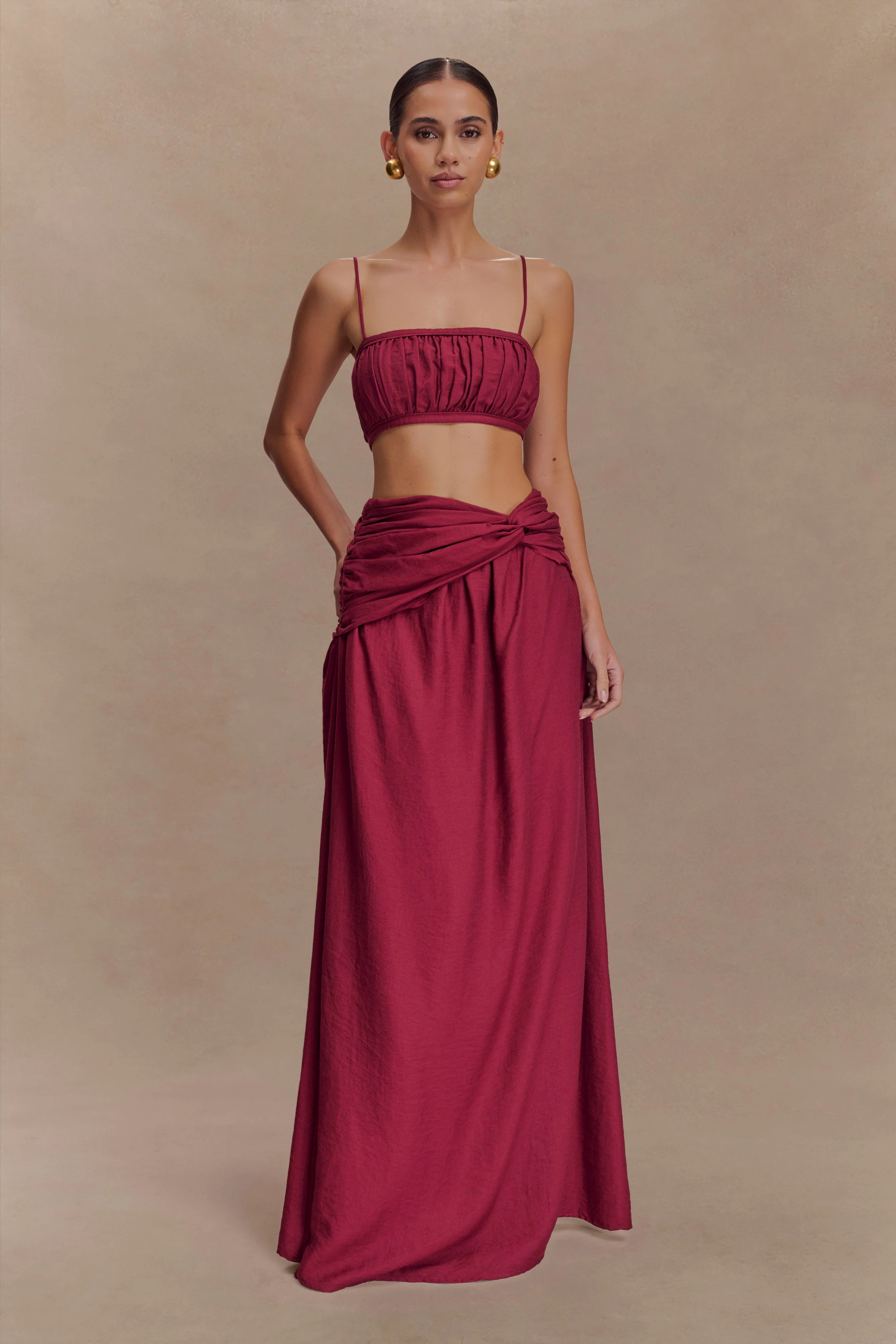Scottie Gathered Linen Knot Maxi Skirt - Wine | MESHKI US