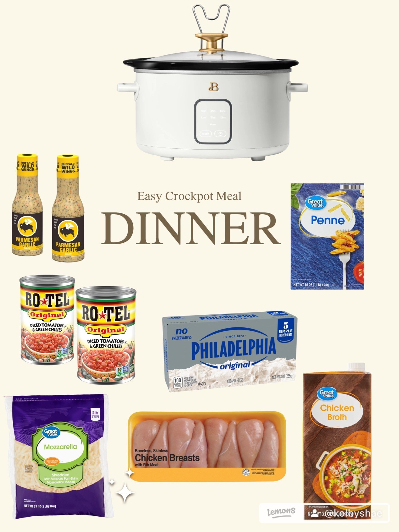 Crockpot garlic Parmesan chicken - dump, cook, done. Save this for later 🤍  Recipe: • 3–5 chicken breasts • 2 bottle garlic Parmesan sauce • 2 can Rotel (original) • 2 8 oz cream cheese blocks • 1 cup chicken broth • 1–1½ cups shredded mozzarella • Penne pasta (cooked separately)  Add everything except pasta to the crockpot. Cook on HIGH for 4 hours. Shred chicken, stir, add pasta, and serve.