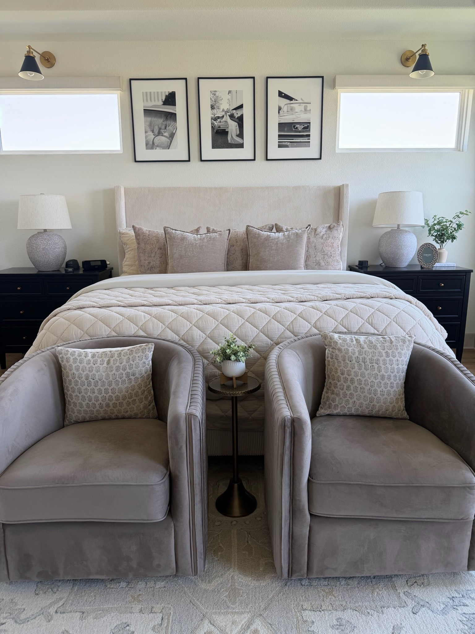 A little bedroom upgrade to brighten up the space! Still on the hunt for the perfect love seat to replace chairs, but I’m loving the space so far! The rug really pulls everything together.