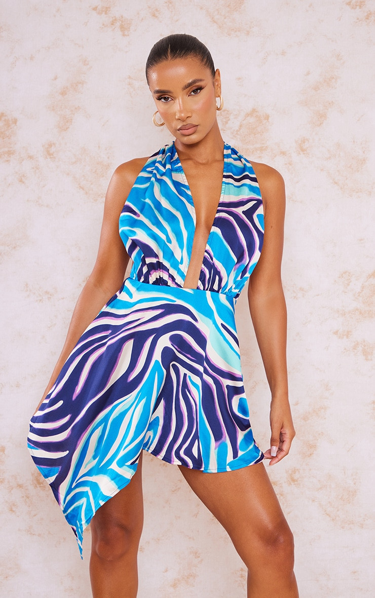 Blue Satin Zebra Print Skater Dress | PrettyLittleThing UK