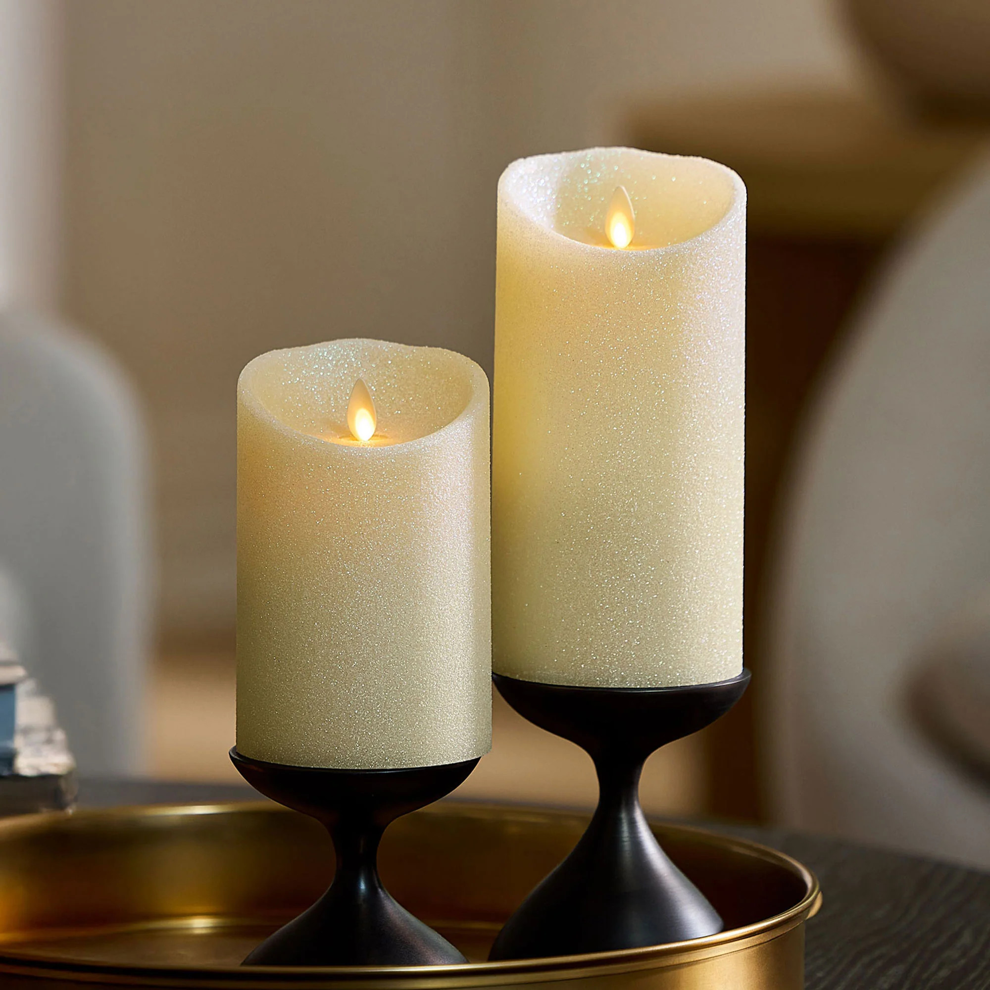 Radiant Ivory Glitter Flameless Candle Pillars | Luminara