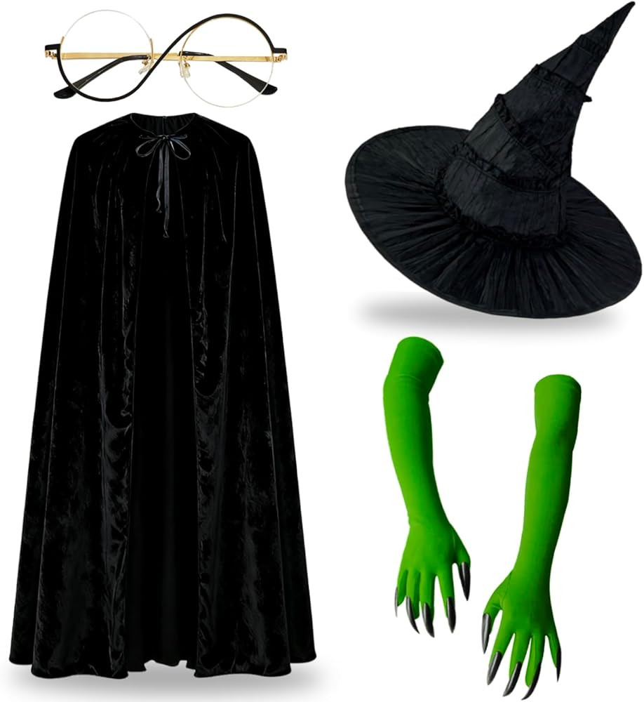 Witch Costume Accessory Set – Black Pointed Hat, Round Glasses, Green Claw Gloves & Velvet Cape... | Amazon (US)