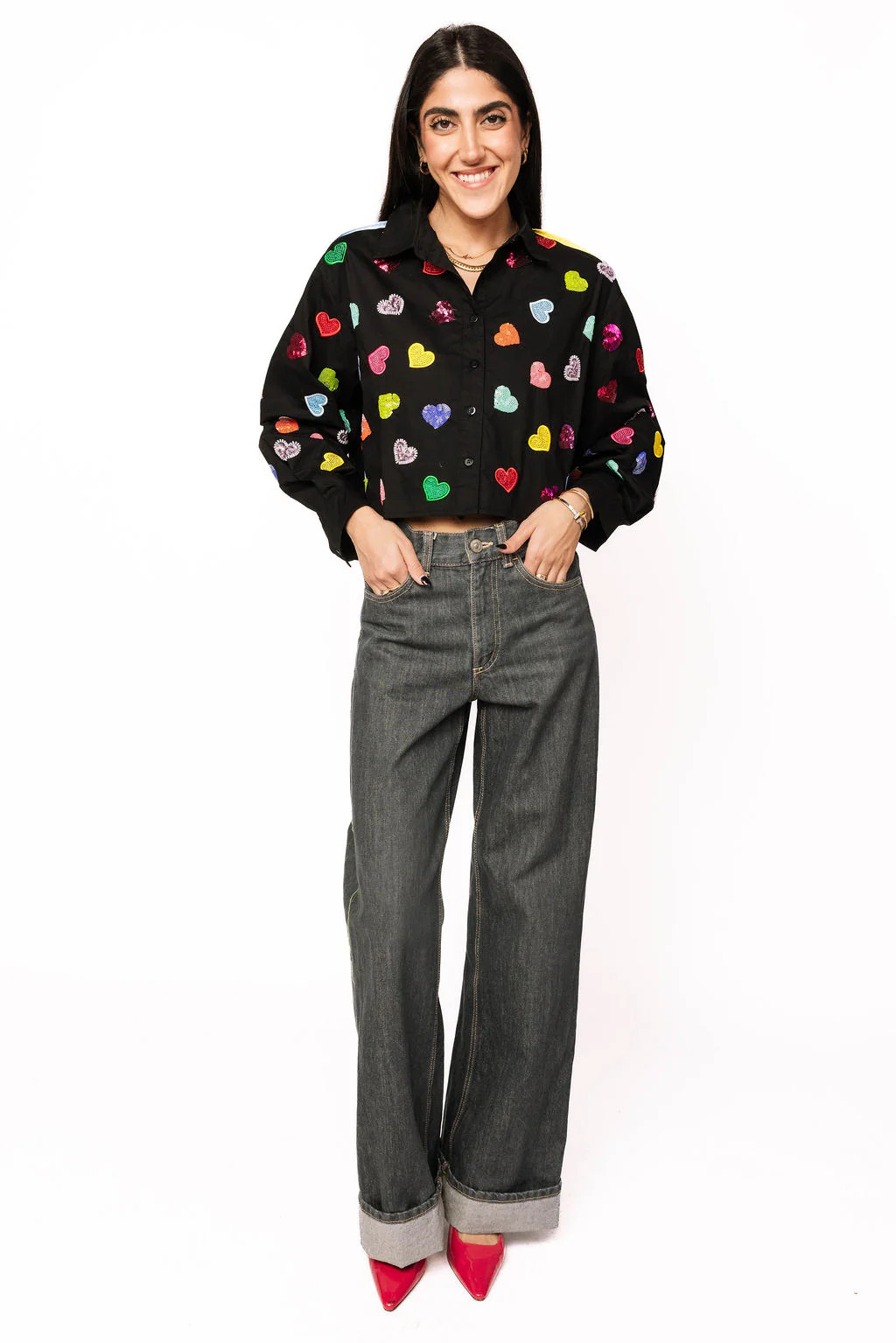 Black Multi Rhinestone Heart Cotton Button Up Top | Queen of Sparkles