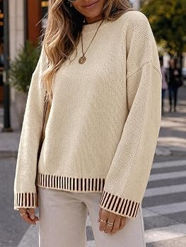 Tankaneo Womens Oversized Striped Sweaters Fall Long Sleeve Knit Pullover | Amazon (US)