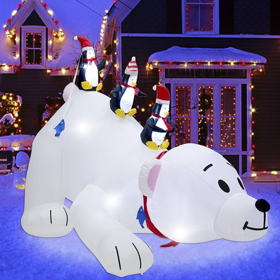 Juegoal Christmas 7.7(L) x 6 FT(H) Inflatables Lighted Polar Bear with Three Penguins, Blow Up Wh... | Amazon (US)