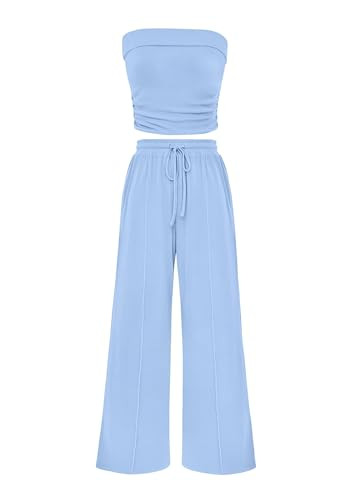 PRETTYGARDEN Womens Summer Outfits 2 Piece Sets Casual Ribbed Knit Crop Tube Top Wide Leg Pants S... | Amazon (US)