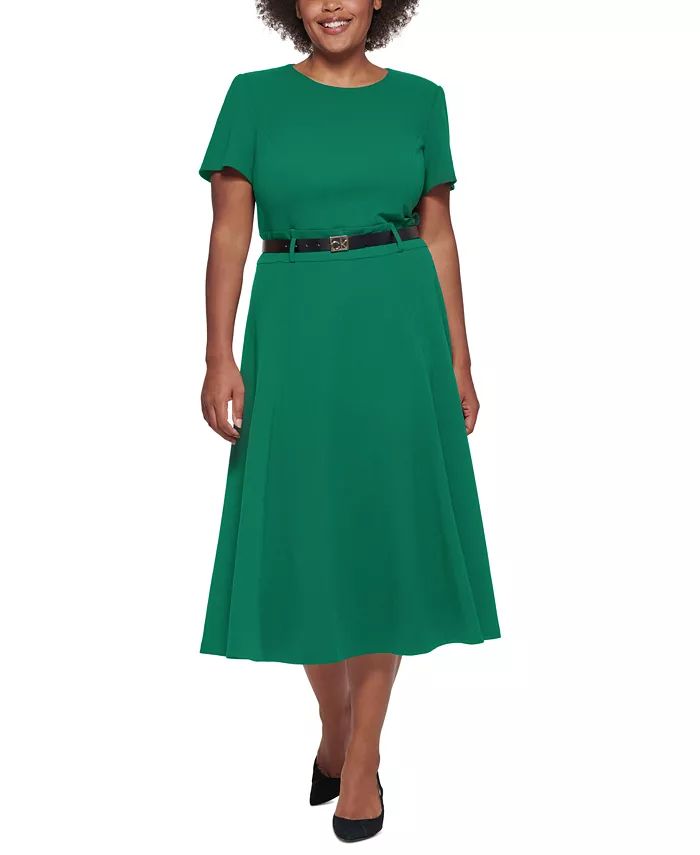 Calvin Klein Plus Size Belted A-Line Dress - Macy's | Macy's