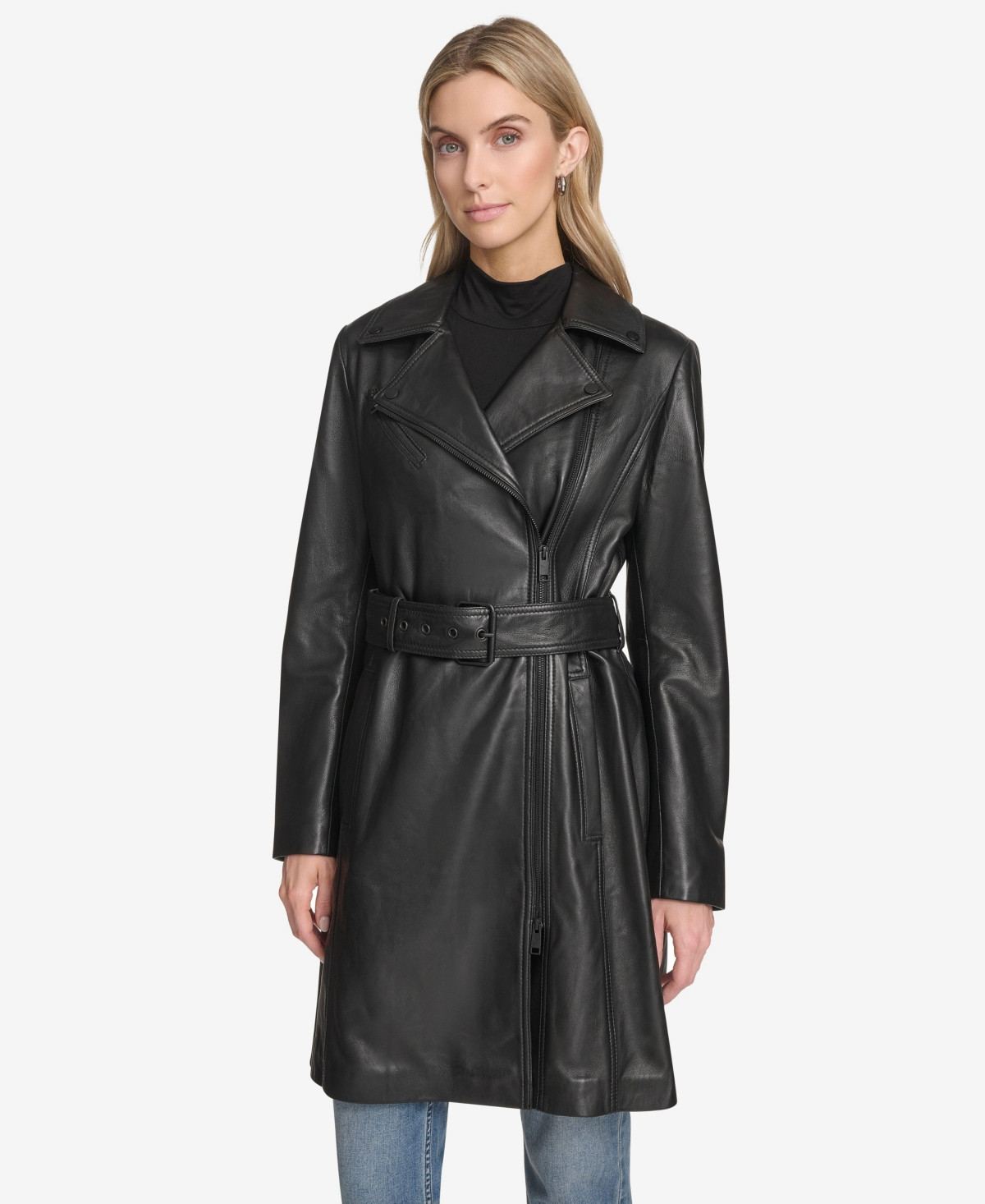 Andrew Marc Women's Jacqui Moto Style Leather Trench Coat - Black | Macy's