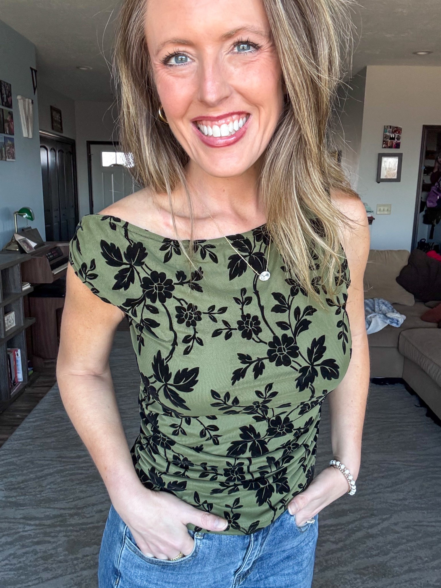 This green top with black velvet floral details is so pretty! 💚 Love the one off the shoulder look as well! Wearing a small.

As an Amazon Influencer I earn commission on qualifying purchases.

Olive green top, floral print top for spring, mom style, fun spring fashion ideas, new arrival top, date night top inspo 

#LTKMidsize #LTKootd #LTKOver40