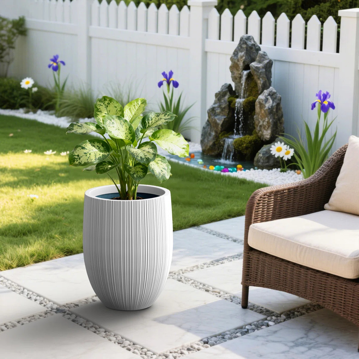 17 in. Dia Round Fluted Concrete Planter,Crisp White Barrel-Style Pot with Drainage Hole and Weat... | Wayfair North America
