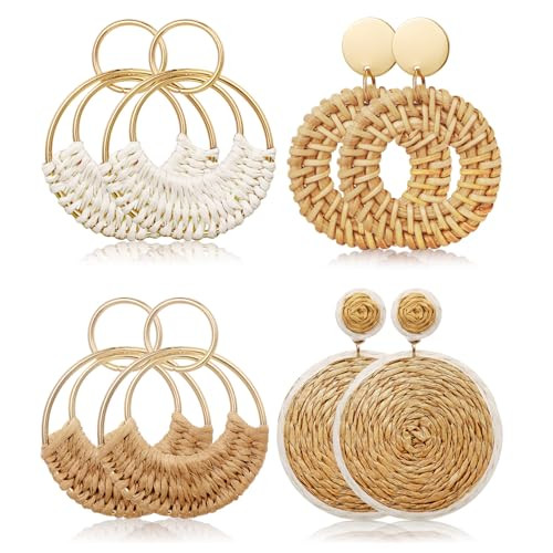 4 Pairs Handmade Raffia Rattan Bohemian Round Drop Dangle Earrings for Women, Boho Statement Cute Fun Hoop Earrings Set | Amazon (US)