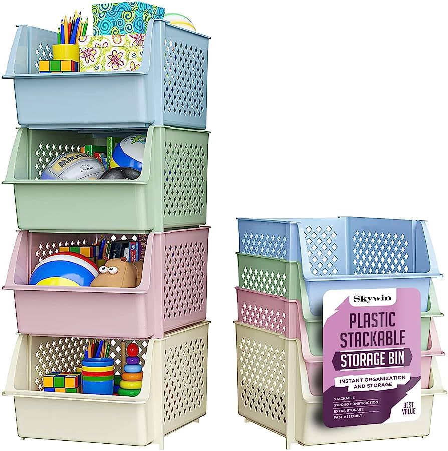 Skywin Plastic Stackable Storage Bins for Pantry - 4-Pack Multi-Colored Stackable Bins For Organi... | Amazon (US)