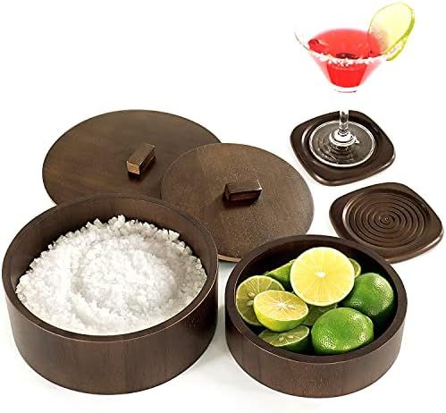 Wooden Margarita Salt Rimmer (Set of 2) & 2 Coasters - Bar Sugar Rimmers for Drinks - Glass Rimme... | Amazon (US)