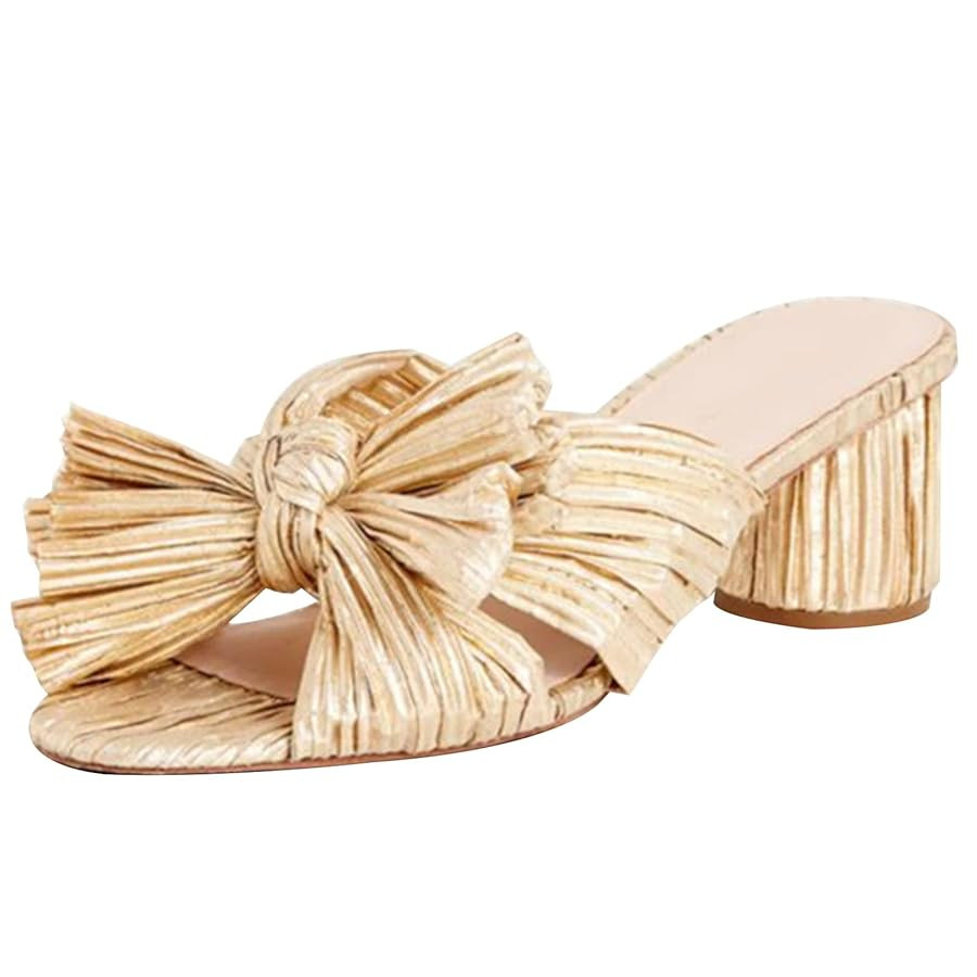 MICIFA Women's Bow Heeled Sandals Slip On Open Toe Block Chunky Heel Sandals Bride Wedding Dress ... | Amazon (US)