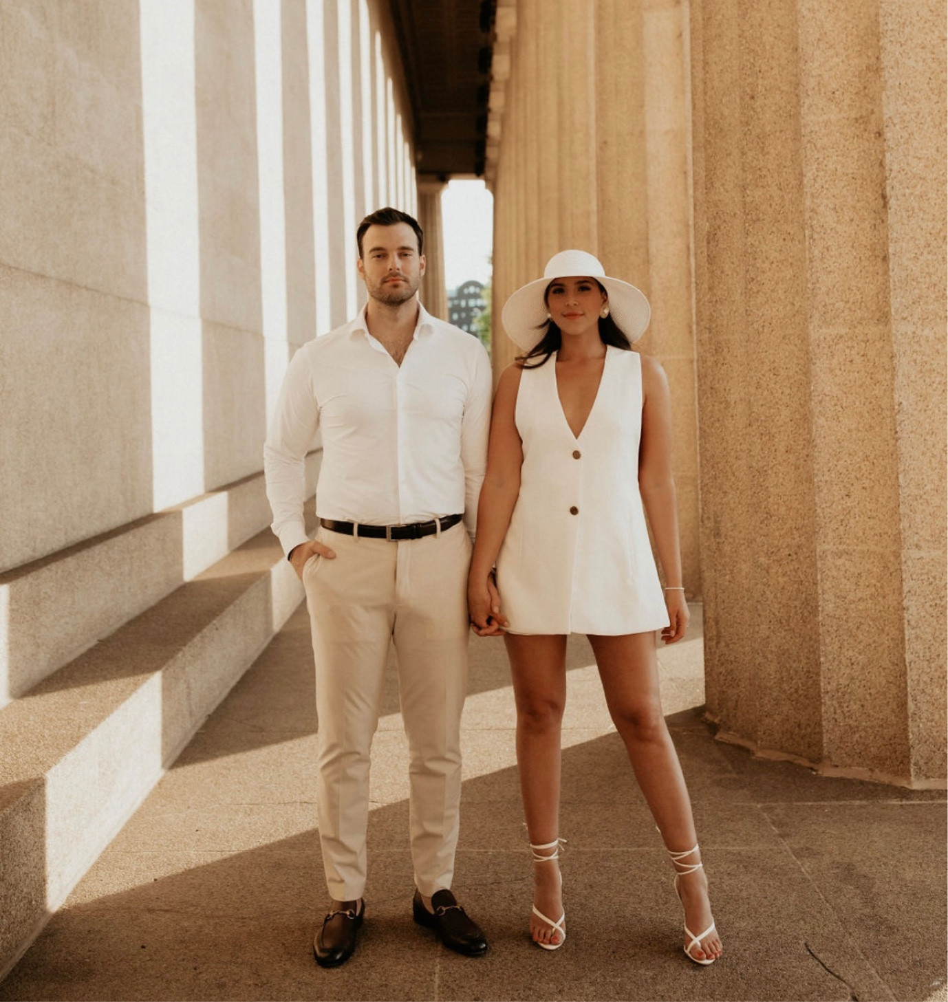 Engagement Photo Outfits🤍 Exact links provided: white blazer top, hat, his shoes, & his shirt. His pants were older from Zara. My earrings are vintage from my mom. My shoes & shorts were from a long while ago. 

#LTKstyletip #LTKwedding #LTKmens