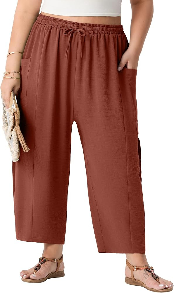OLRIK Plus Size Pants for Women Wide Leg Cropped High Waisted Flowy Lightweight Pull On Loose Fit... | Amazon (US)