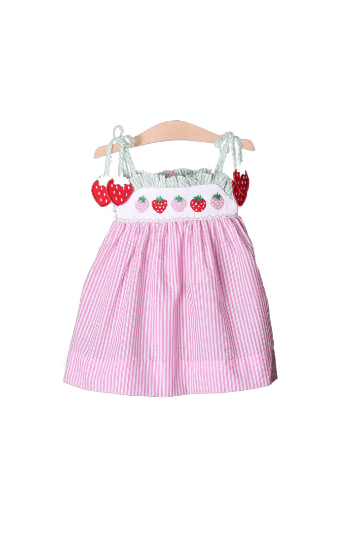 Smocked Strawberry Pink/Green Seersucker Dress | The Smocked Flamingo