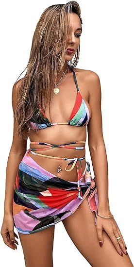 SheIn Women's Colorblock Swimsuit Tie Waist Halter Bikini Set with Cover Up Beach Skirt | Amazon (US)