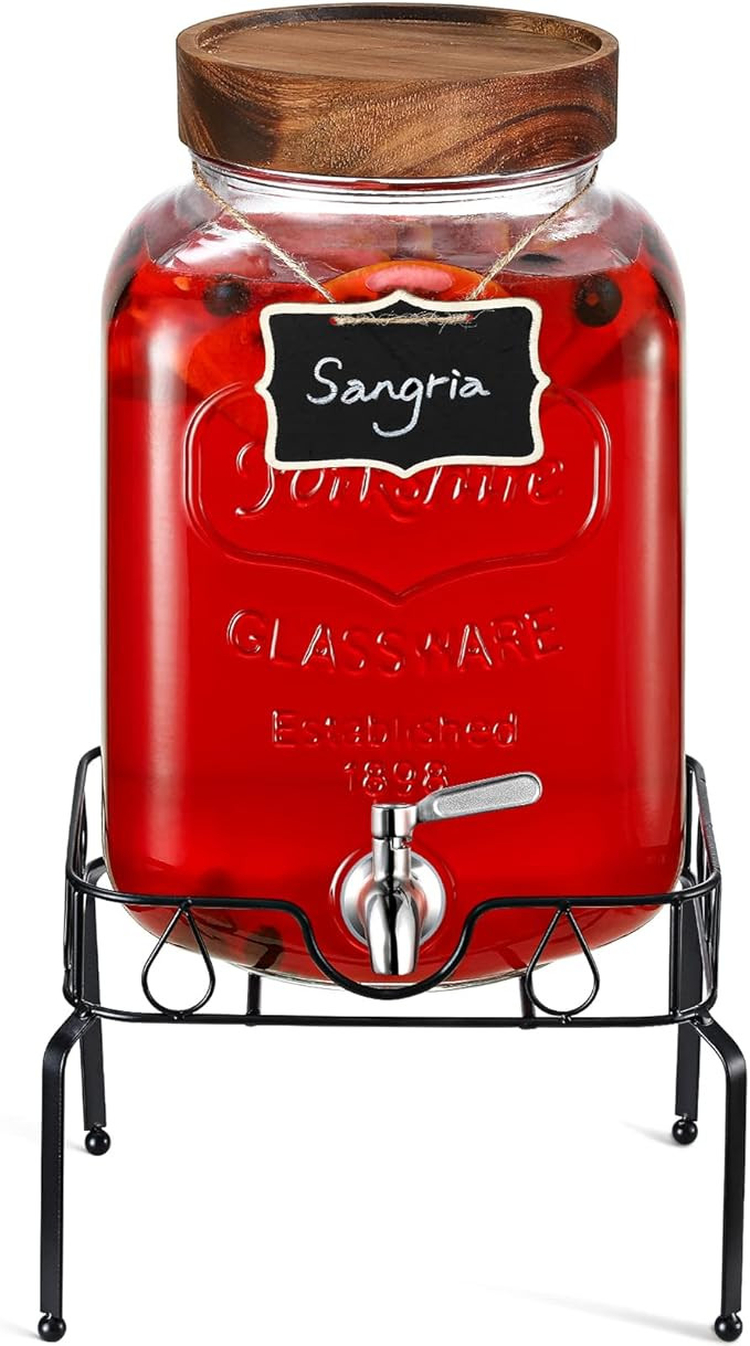 2 Gallon Glass Beverage Dispenser with Stand, 18/8 Stainless Steel Spigot, Designed Wooden Lid - ... | Amazon (US)