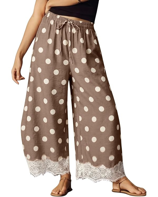 Athlisan Womens Polka Dot Wide Leg Palazzo Pants High Waisted Summer Lace Trim Cropped Baggy Trou... | Amazon (US)