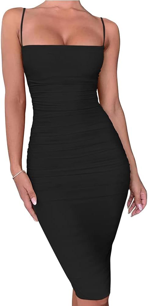 BEAGIMEG Women's Sexy Bodycon Sleeveless Spaghetti Strap Ruched Club Party Cocktail Midi Dress | Amazon (US)