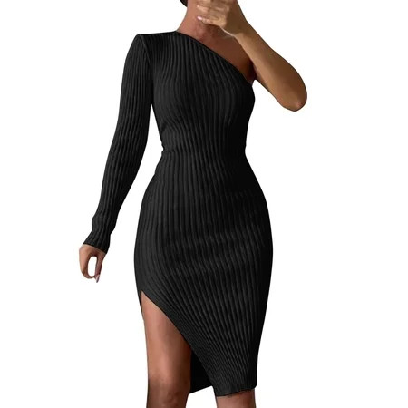 ASEIDFNSA Black Maxi Dress Short Wrap Dresses for Women Autumn Single Shoulder Bodycon Knitted Dress | Walmart (US)