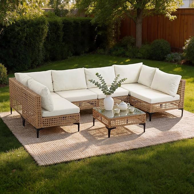 7 PCs Outdoor Patio Furniture All Weather Wicker Rattan Sectional Conversation Sofa Set w/Water R... | Amazon (US)