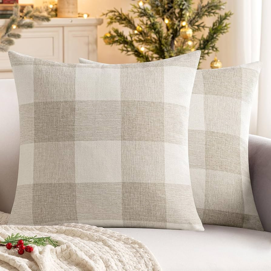 MIULEE Fall Plaid Pillow Covers 18x18 Cream White and White Pack of 2 | Amazon (US)