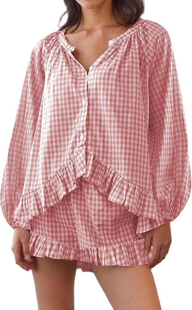 Women Y2K Plaid Pajama Sets Short Sleeve Ruffle Babydoll Shirt Elastic Waist Shorts Cute Gingham ... | Amazon (US)
