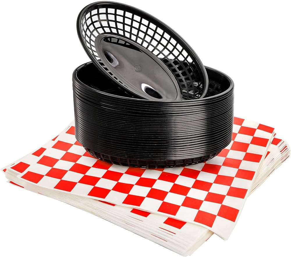 Kingrol 30 Black Oval Fast Food Baskets w/ 250 Checkered Deli Liners, 8.9 x 5.6 x 1.5 Inch Plasti... | Amazon (US)