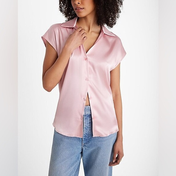 [express] satin cap sleeve button up blouse shirt silky light pink XS | Poshmark