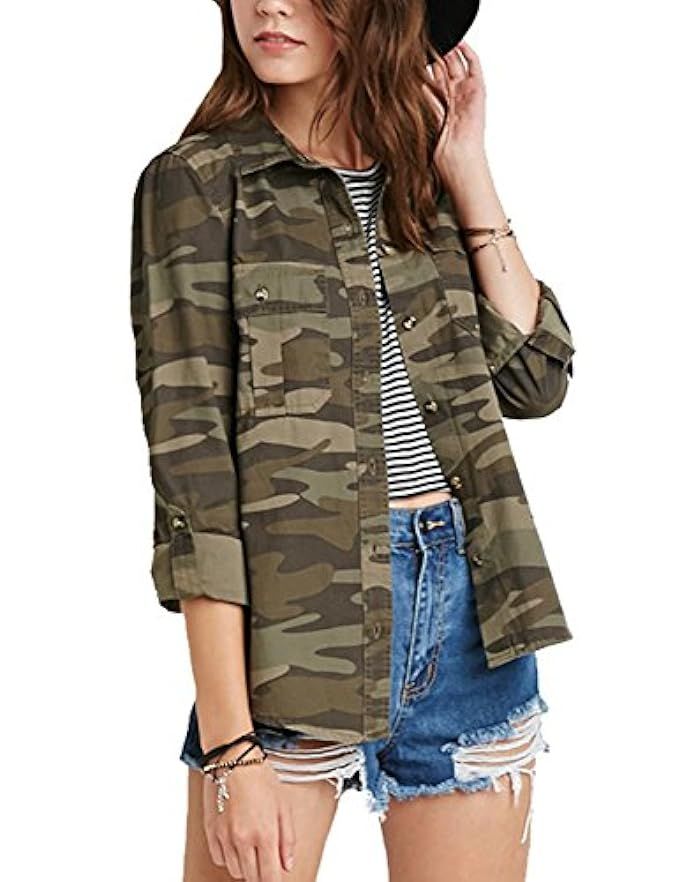 HAOYIHUI Women's Military Camouflage Long Roll Up Sleeve Shirt Top | Amazon (US)