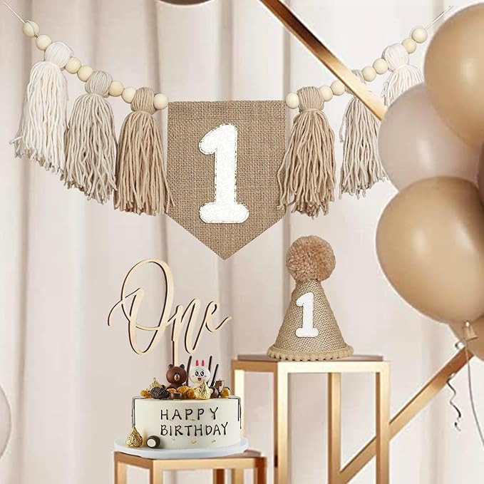 Boho Nude 1st Birthday Highchair Wood Bead Tassel Garland Conical Cap Wooden Cake Topper For Boys | Amazon (US)
