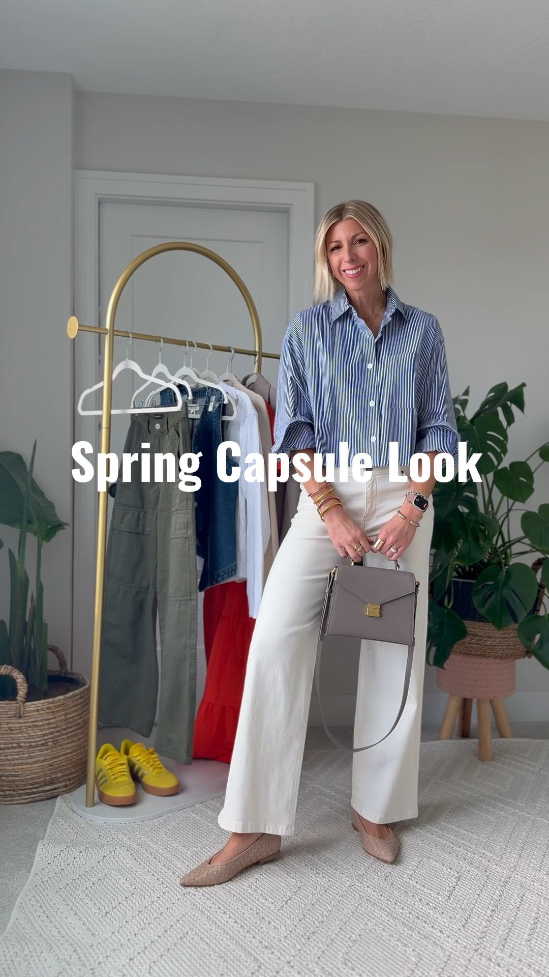 Stripe button up shirt, white wide leg jeans, woven ballet flats + chic handbag - makes the perfect elevated, effortless look for so many occasions this season

#LTKOver40 #LTKFindsUnder100 #LTKStyleTip