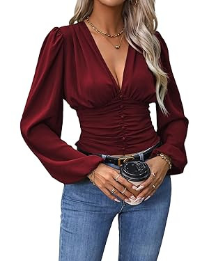 GORGLITTER Women's Ruched Deep V Neck Button Front Smock Lantern Sleeve Crop Top Blouses | Amazon (US)